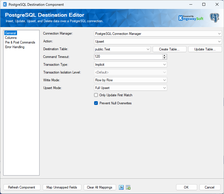 PostgreSQL Destination - General Page